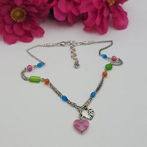 Brighton Silver Tone Multi Color Glass Bead Pink Heart Pendant Necklace 18" Adj.